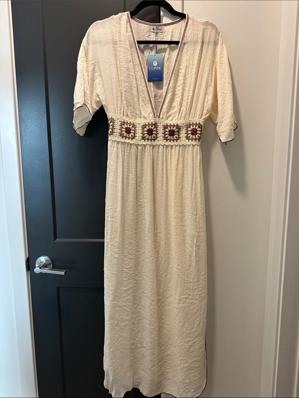 Cupshe Cream Maxi Dress with Brown Crochet Waistband